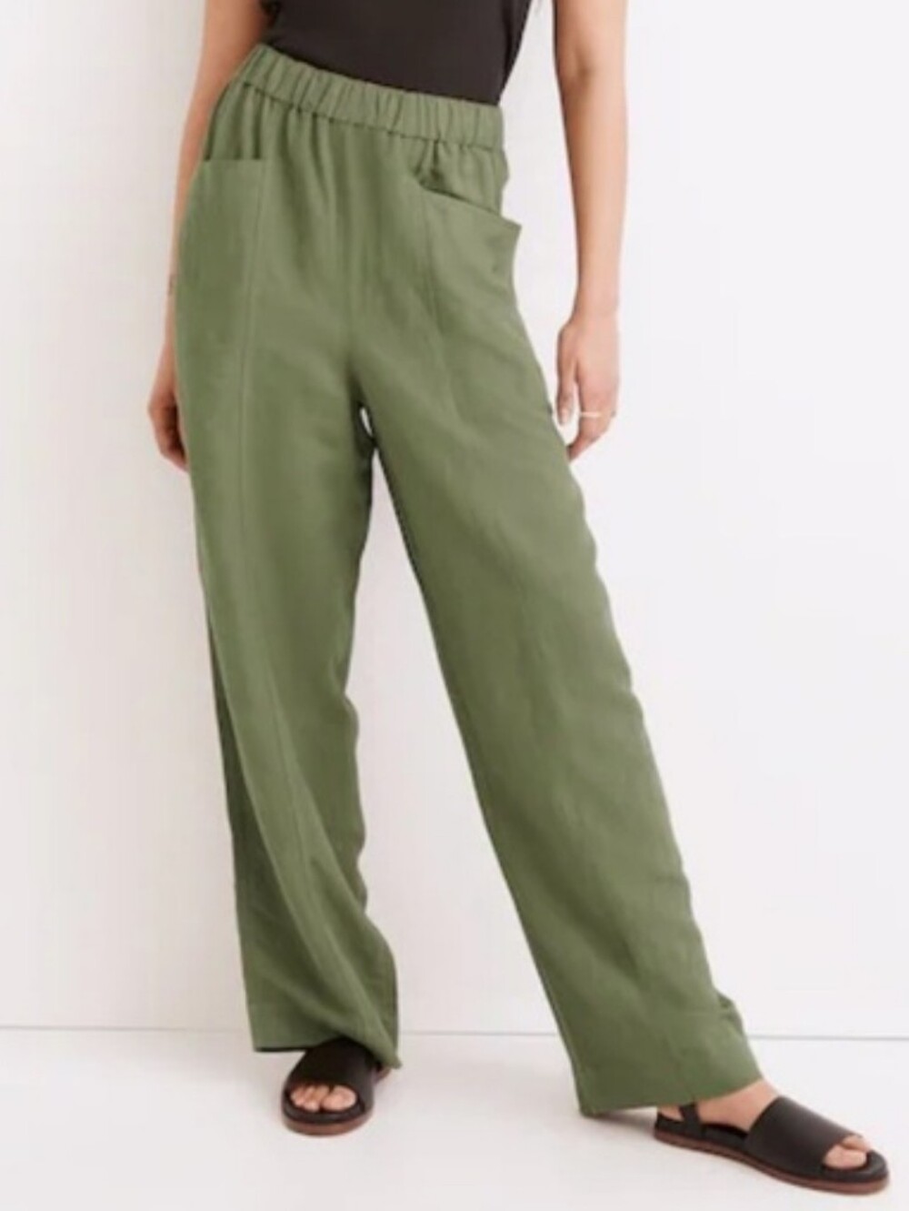 Madewell Linen-Blend Pull-On High-Rise Wide-Leg Pants in Vintage Moss Small NWOT